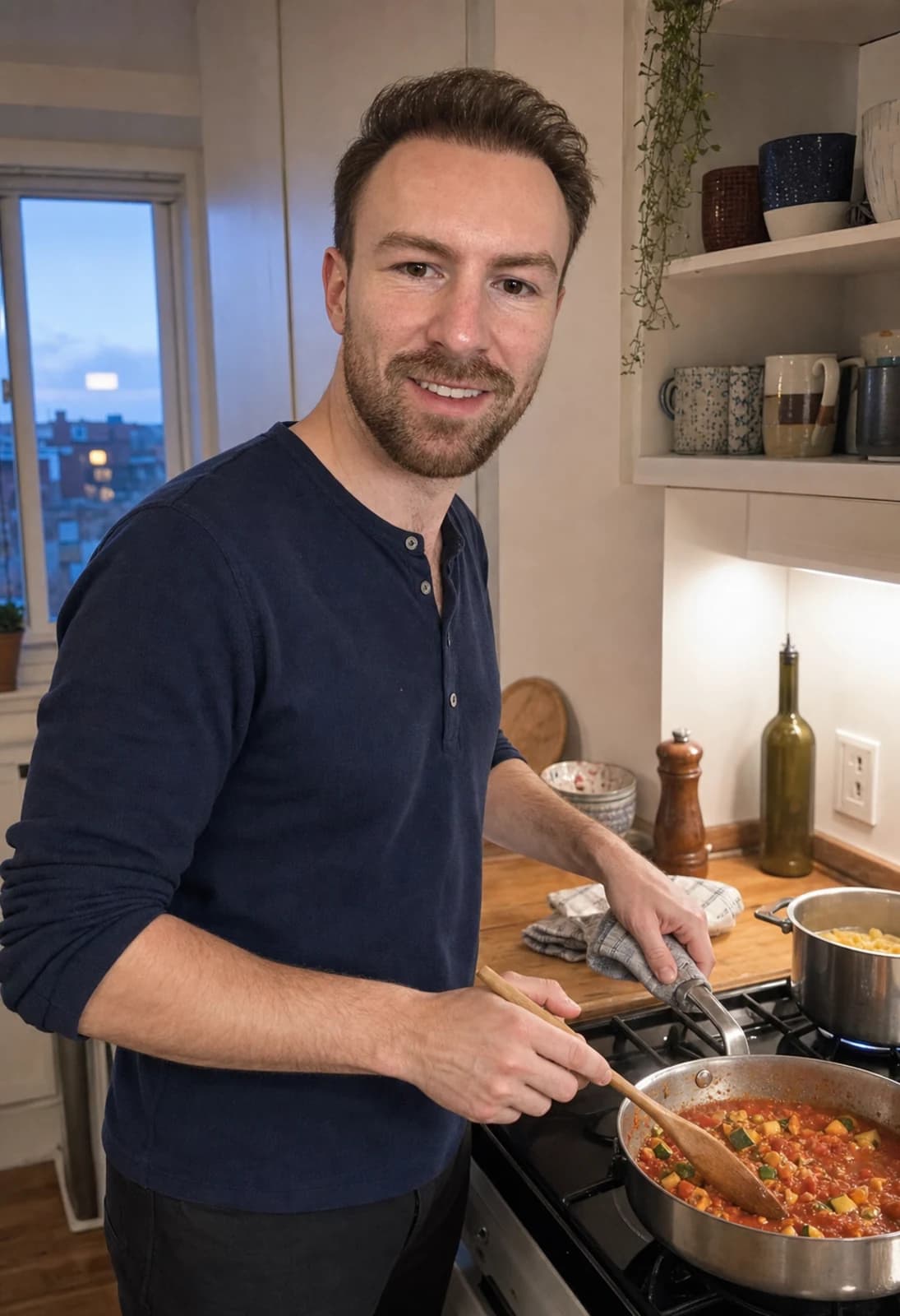 A man cooking and holding eye contact