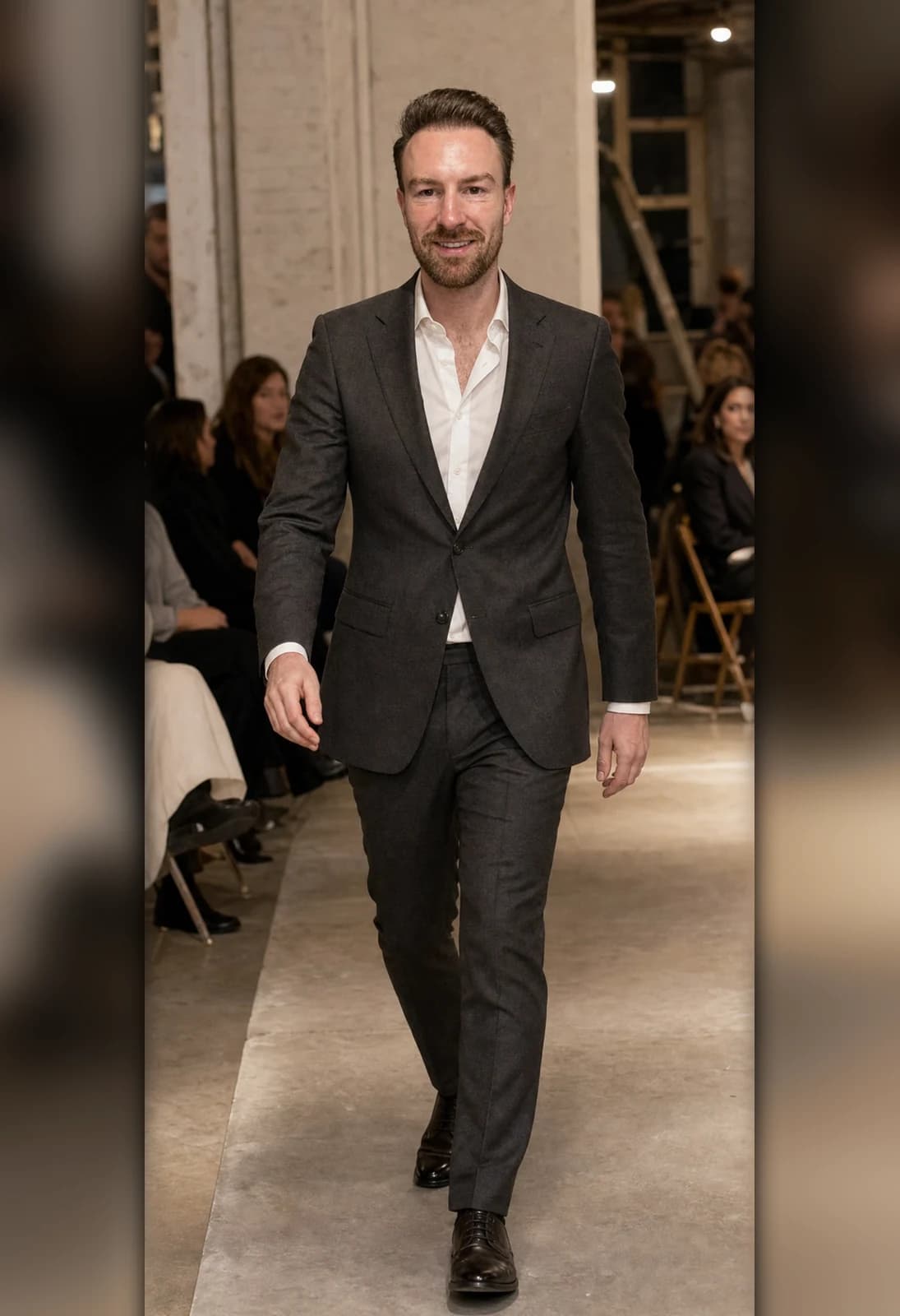Un homme défilant sur un podium avec des vêtements élégants
