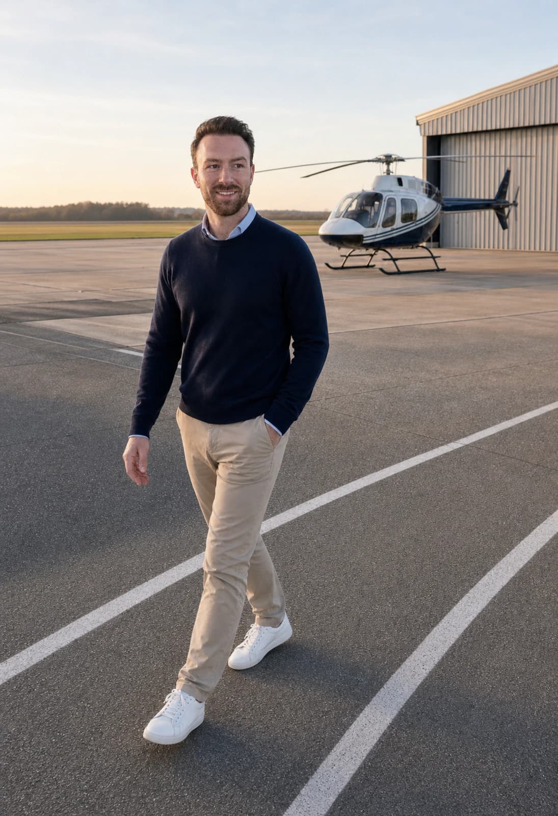 Ein Mann vor einem Hubschrauber