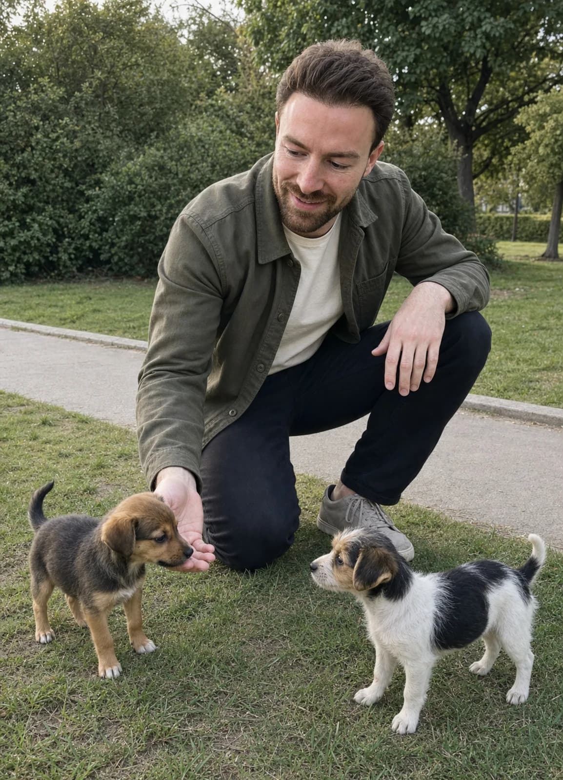 Un uomo con dei cuccioli