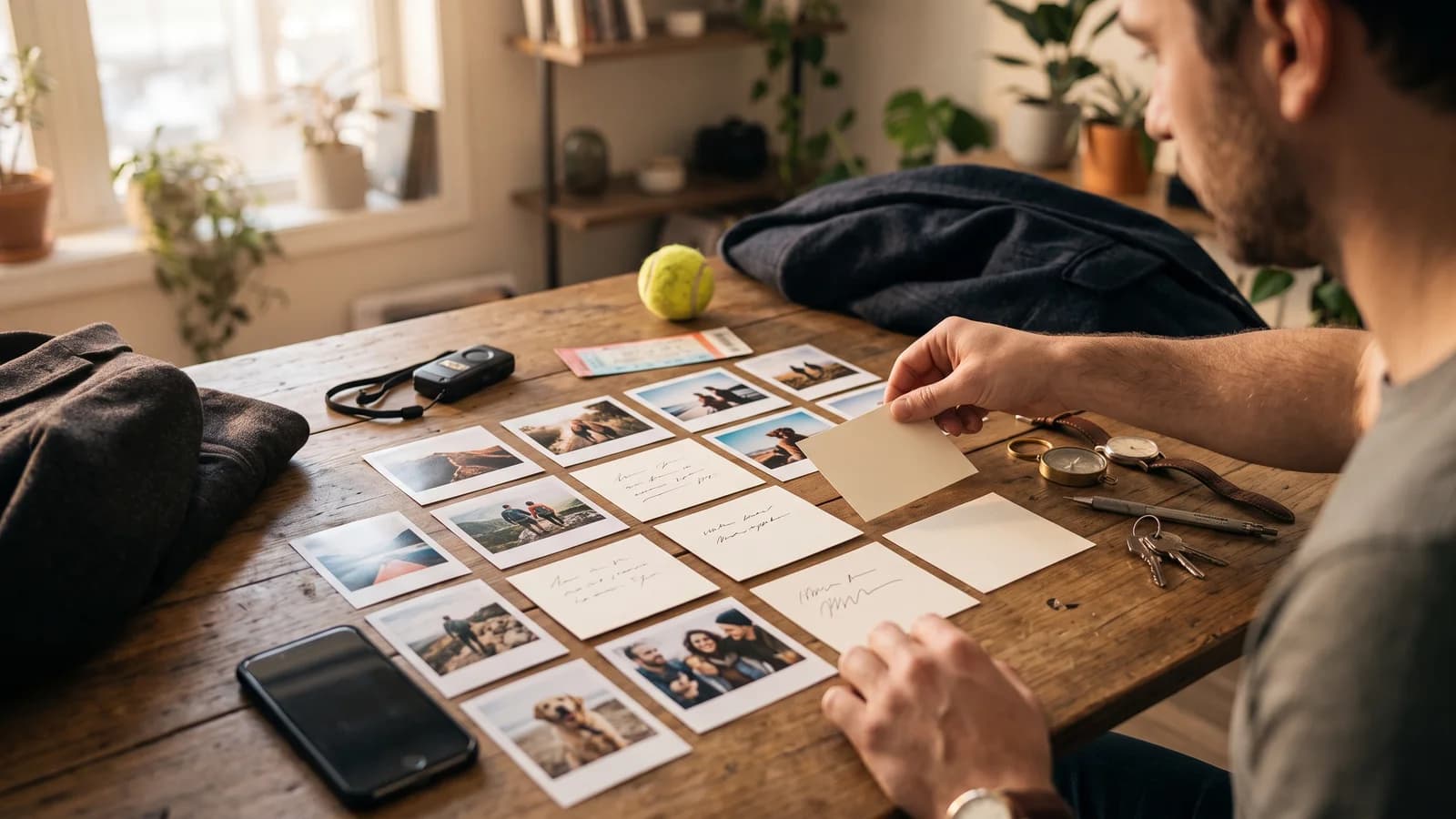 Man adapting dating profile examples with photo cards and personal details on a desk