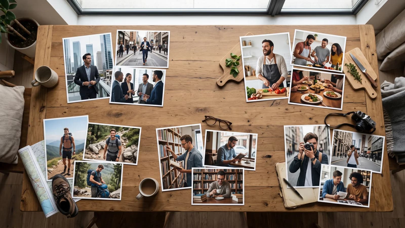 Dating profile archetype photo sets for professional, active, introvert, serious, and creative men