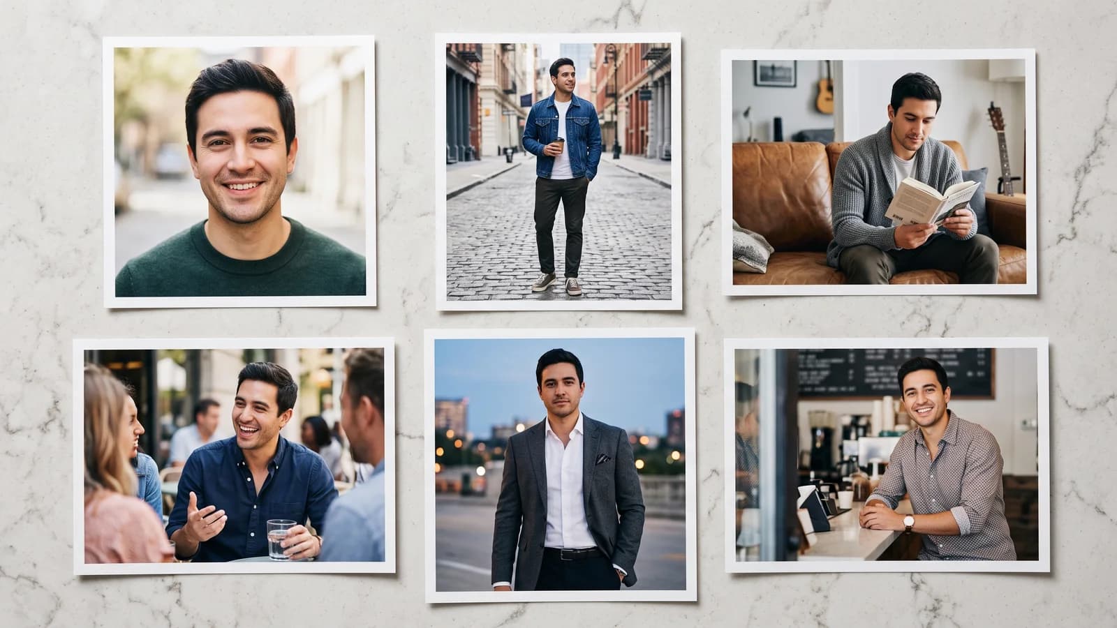 Six-photo dating profile stack with portrait, lifestyle, hobby, social, evening, and conversation shots
