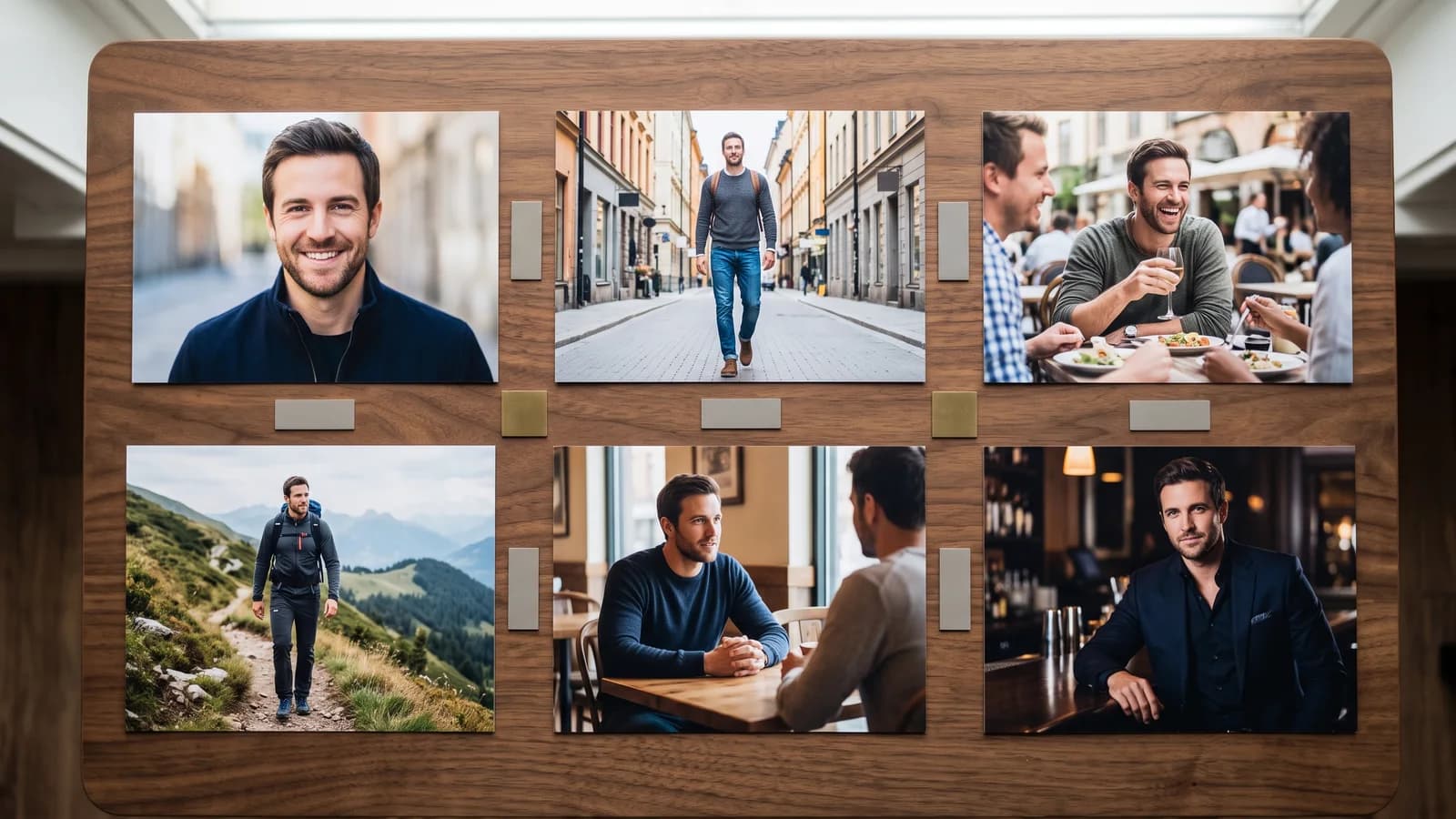 Dating profile planning board with photos, bio notes, and prompt ideas working together