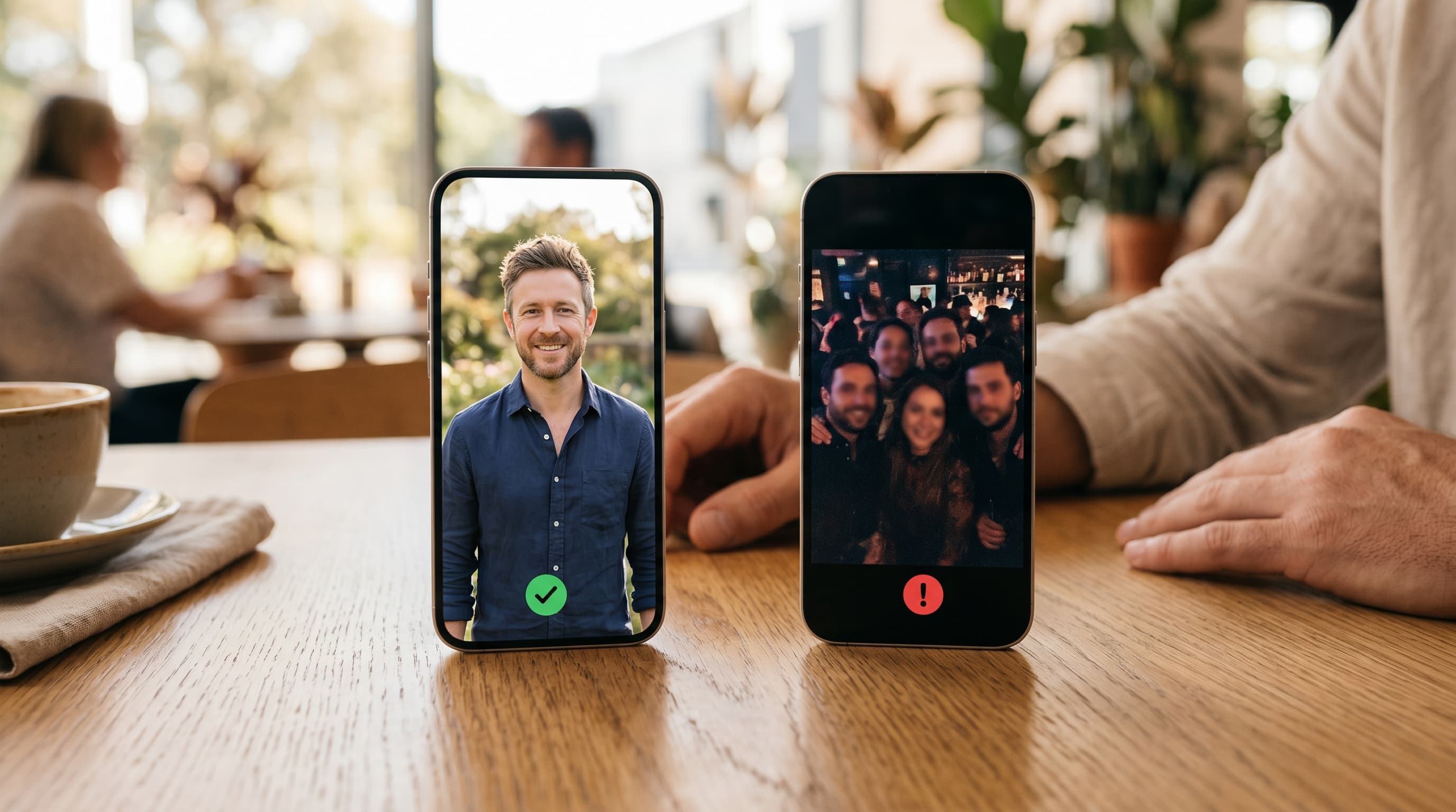 En tydlig solobild bredvid en förvirrande mörk gruppbild på två telefoner.