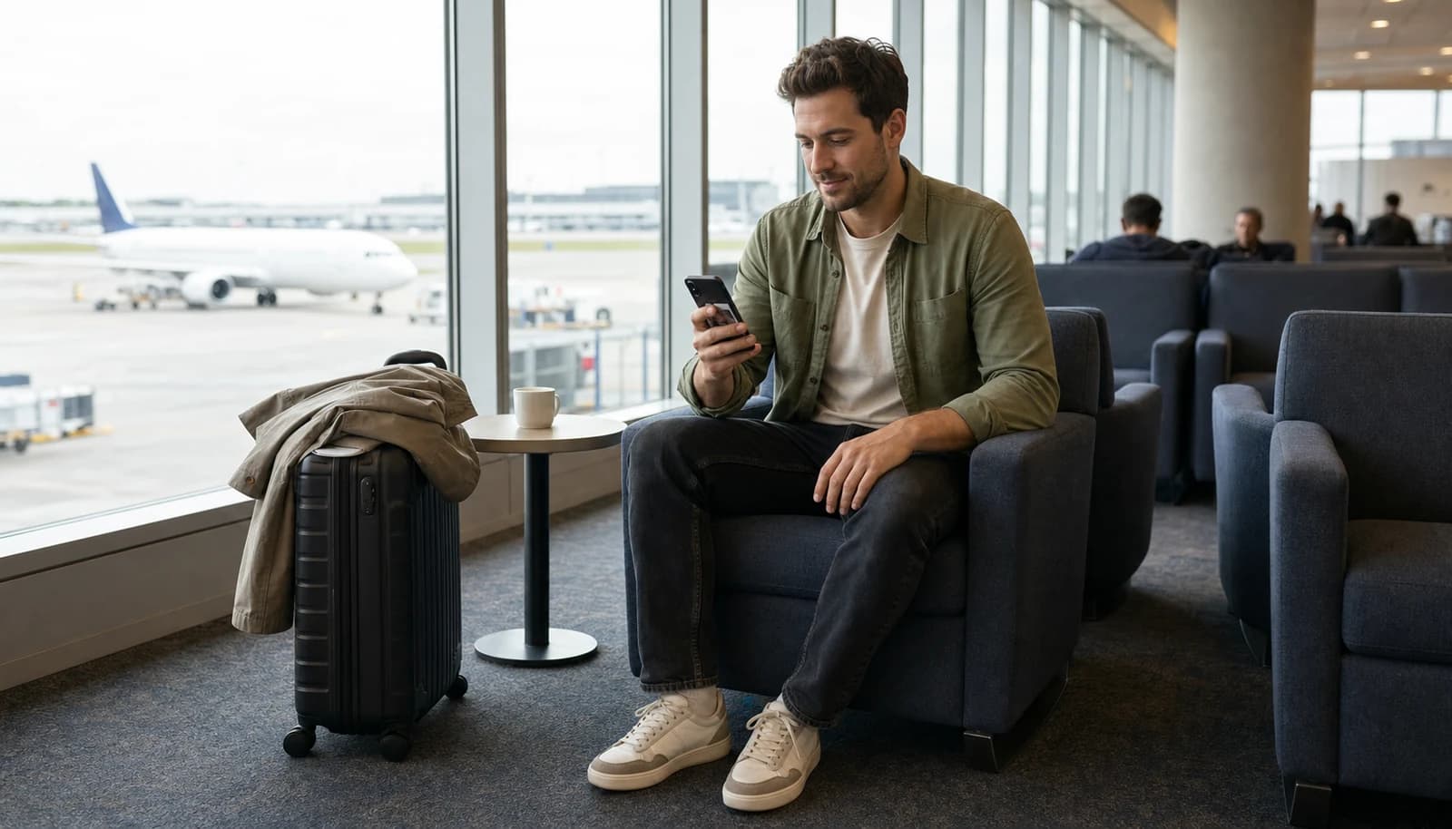 A man using his phone while sitting in an airport lounge