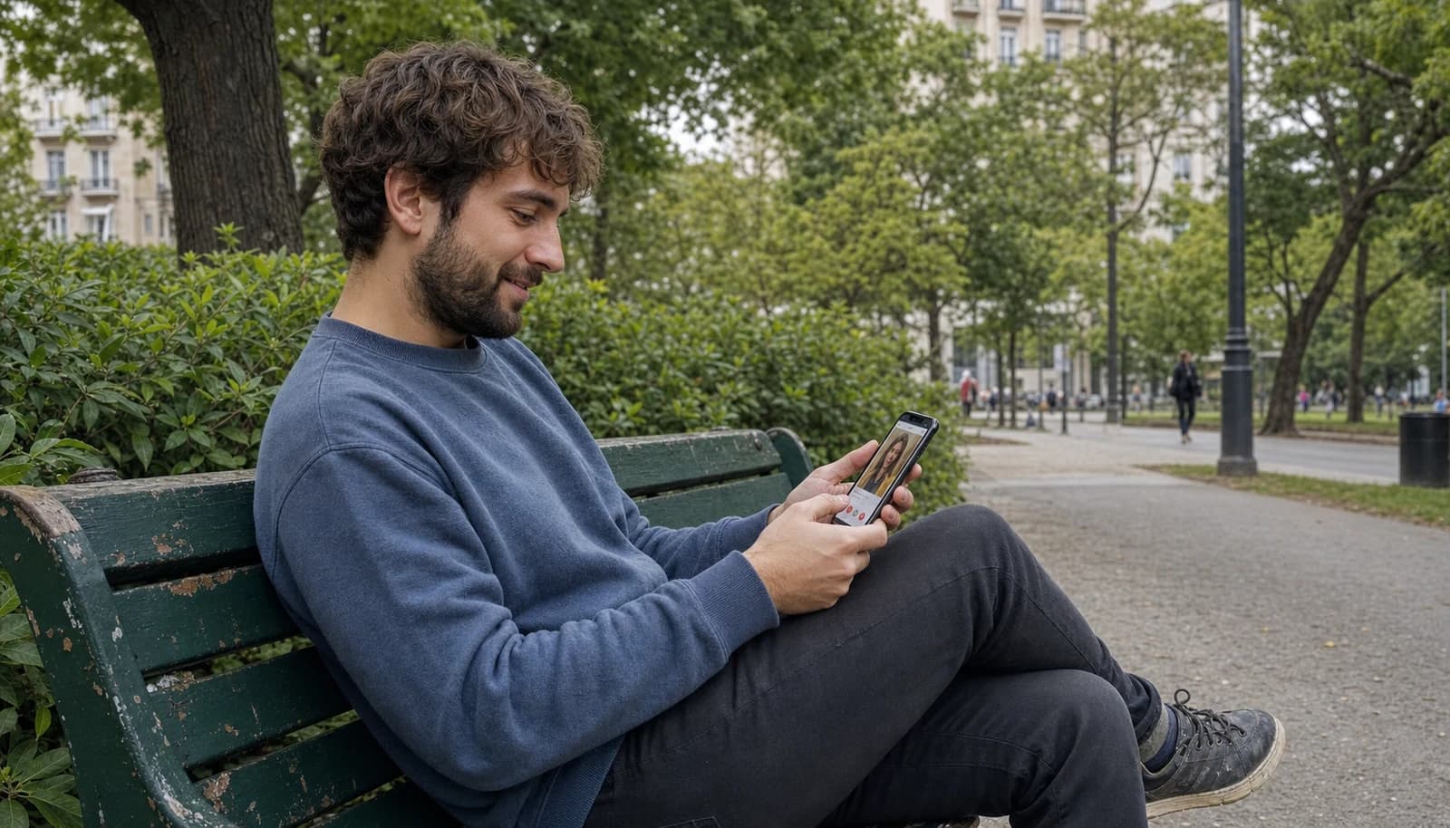 A man checking his Badoo profile on his phone in a park