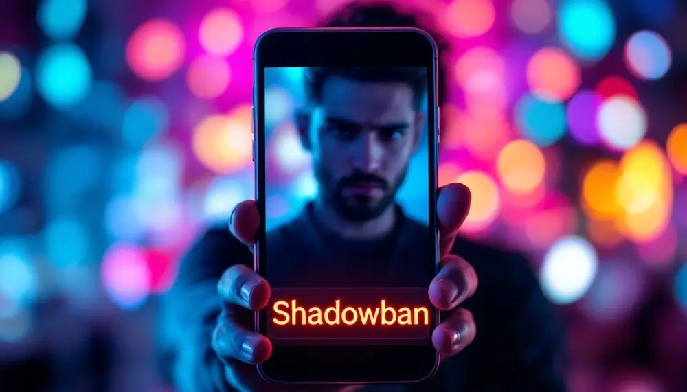 En mann som ser bekymret på telefonen sin, med en skygge over seg som symboliserer en shadowban.
