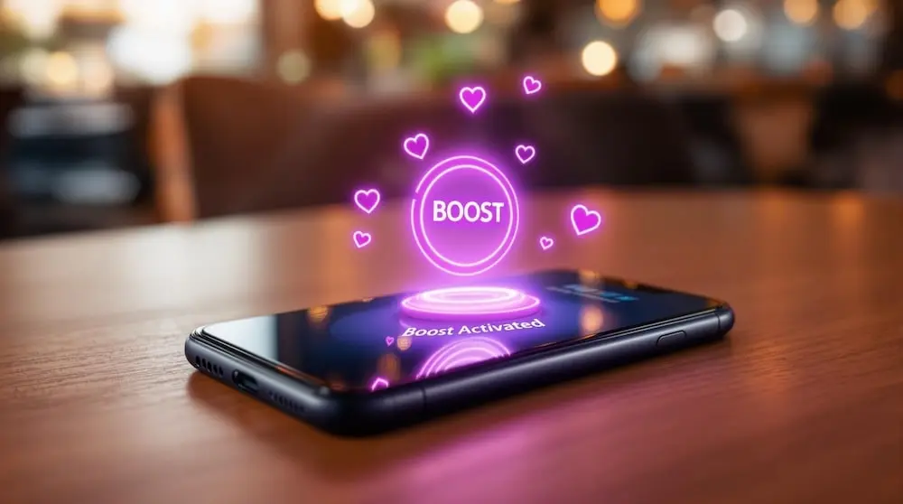 Smartphone med aktiverad Tinder Boost-funktion