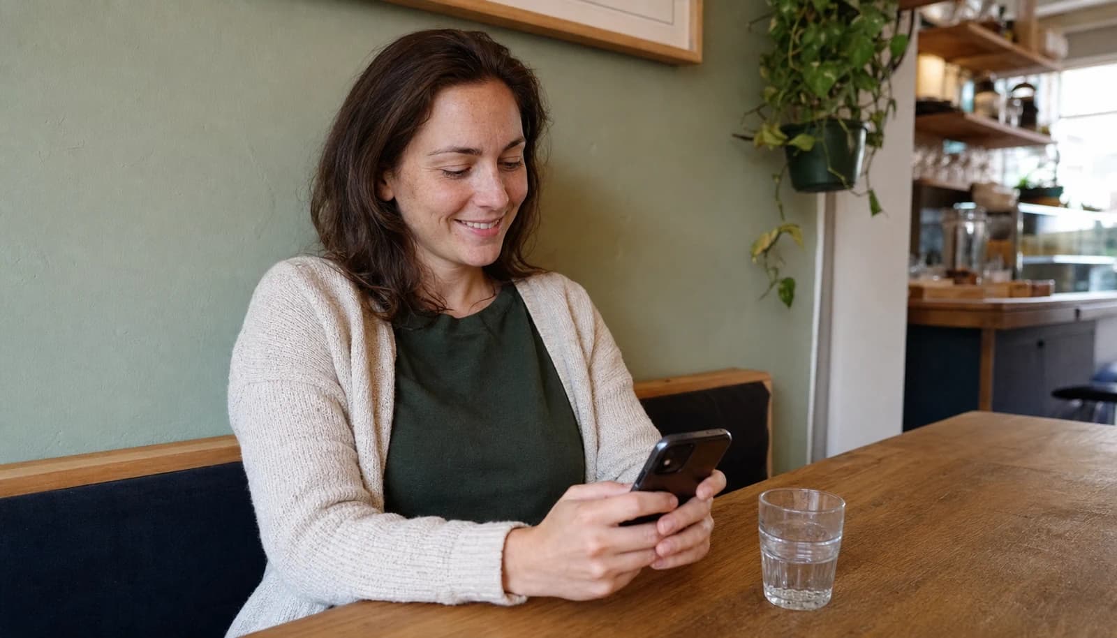 Una donna sorridente che usa un'app di incontri in un caffè.