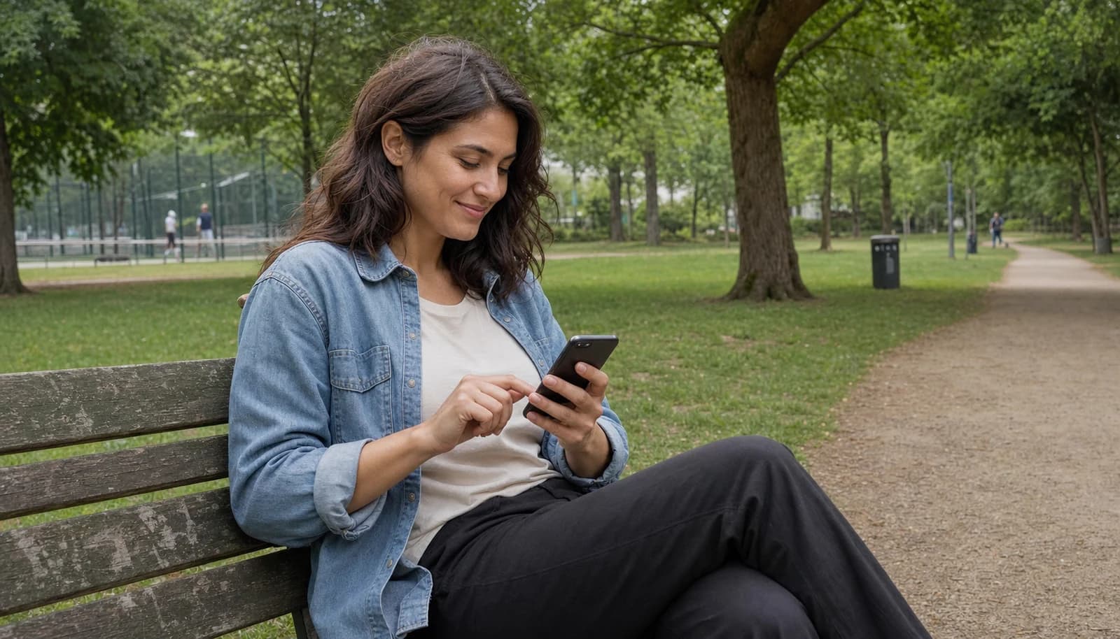 A woman sitting in a park smiling at her phone while using a dating app