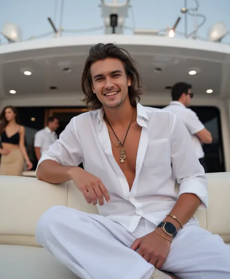 A smiling man sitting on a yacht wearing a white shirt