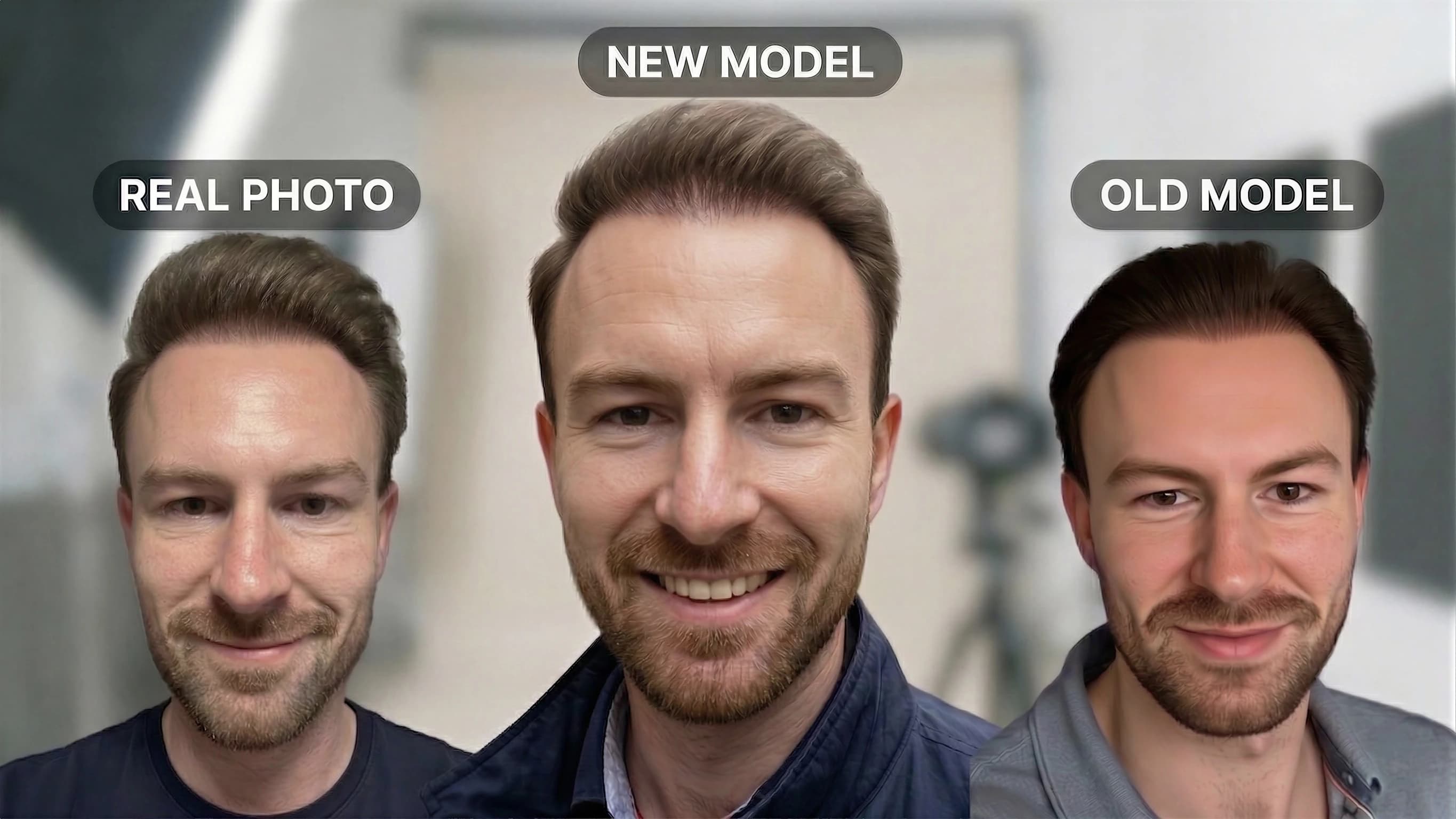 Ta sama osoba. Po lewej: rzeczywiste zdjęcie. Pośrodku: nowy model. Po prawej: stary model. Zbliżenie twarzy, porównanie: rzeczywiste zdjęcie vs nowy model vs stary model