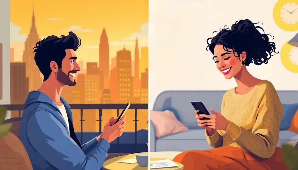 Gün batımında telefonuna mesaj yazan bir adam ve rahat bir ortamda akıllı telefonuyla gülümseyen bir kadın - etkileyici açılış mesajlarıyla bir flört sohbeti