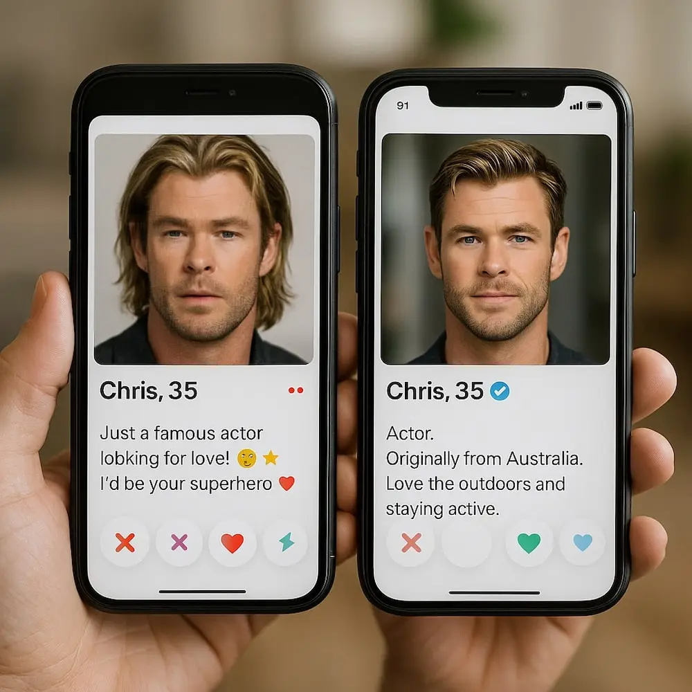 Confronto tra profili Tinder di celebrità falsi e verificati