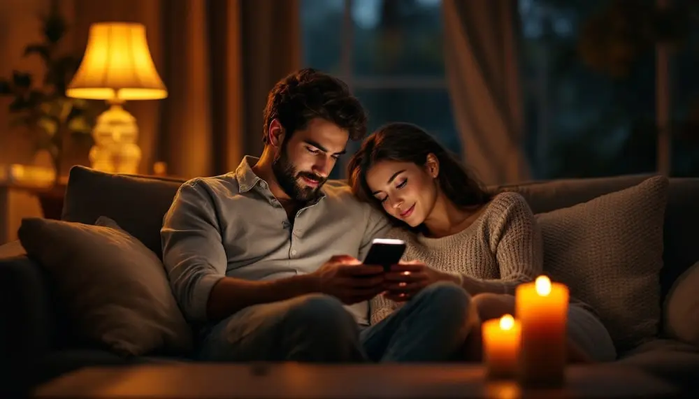 Ein Paar nutzt gemeinsam Dating-Apps und diskutiert.