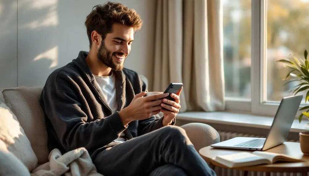 A man relaxing at home, using his smartphone with a slight smile.