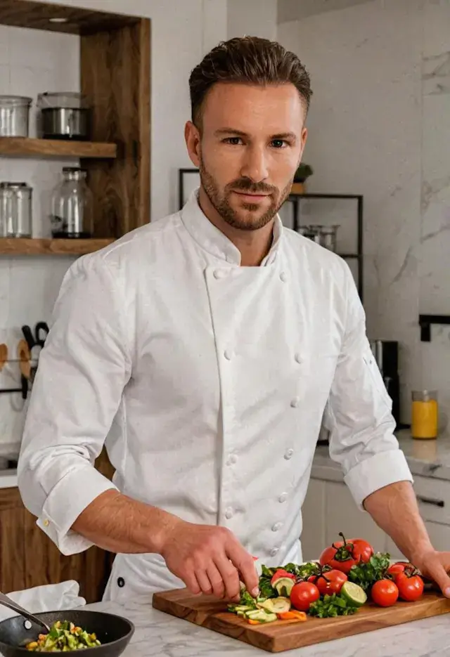 Um homem mantendo contato visual enquanto cozinha