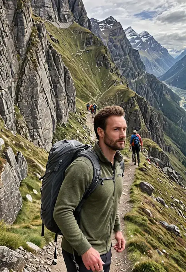A man on a hike in the mountains