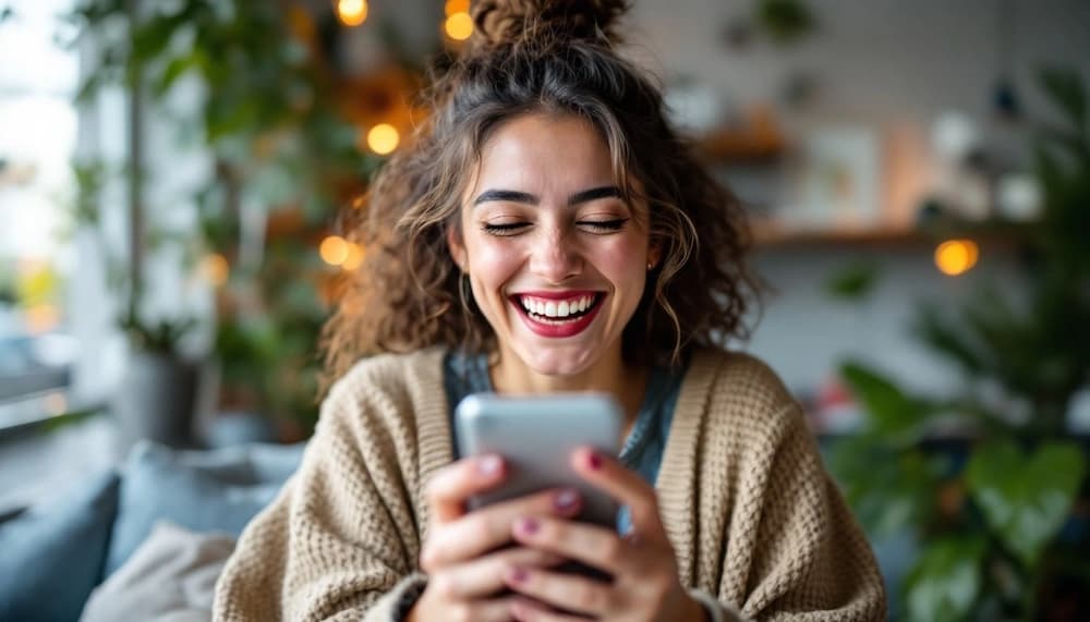 Een gelukkige vrouw glimlacht naar haar smartphone in een gezellig café.