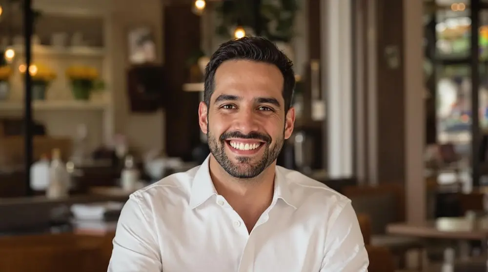 A confident man sitting in a stylish cafe, a great example for a professional profile photo.