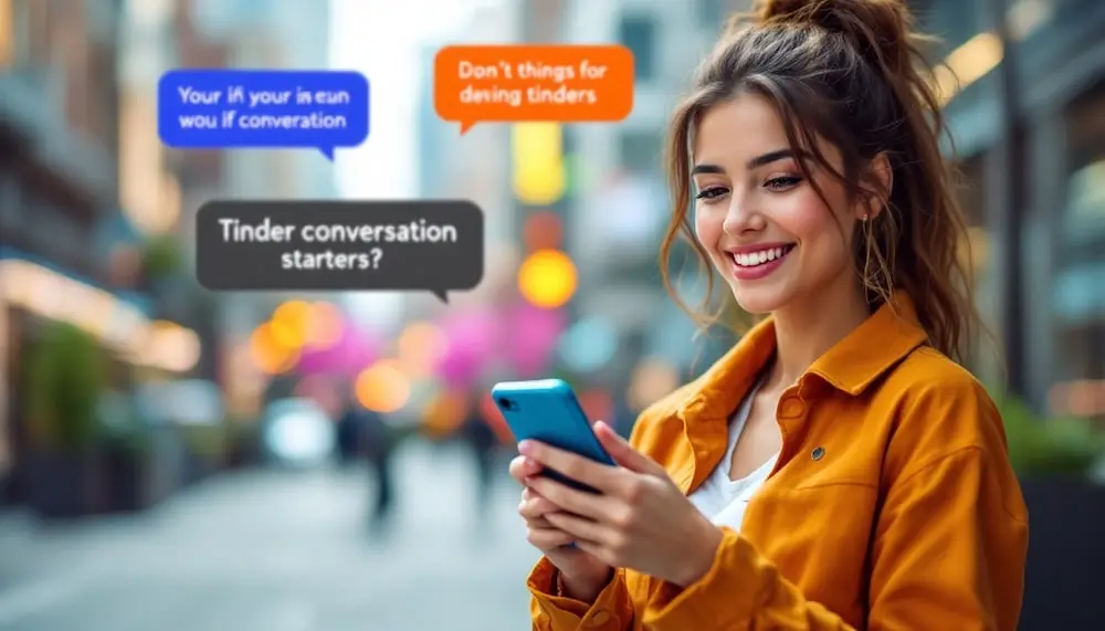 Una mujer sonríe mientras usa Tinder en su teléfono