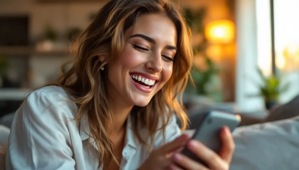 Woman laughing while holding phone