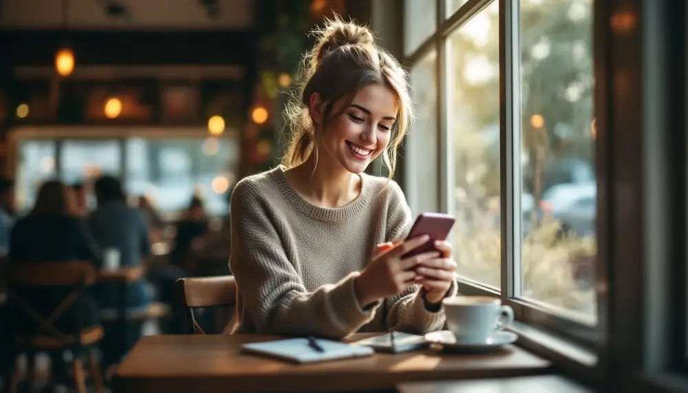 Eine Frau lächelt, während sie eine Dating-App in einem Café benutzt.