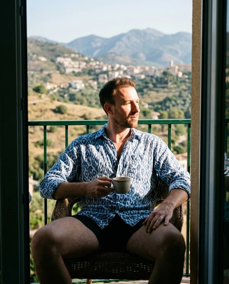Photo de rencontre générée par IA : café sur un balcon