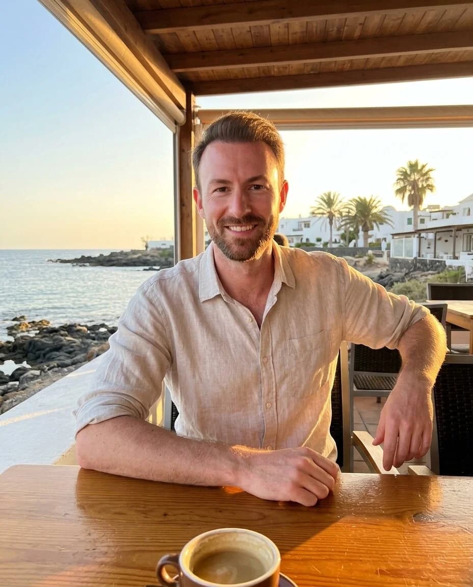 AI-generated dating photo: seaside cafe