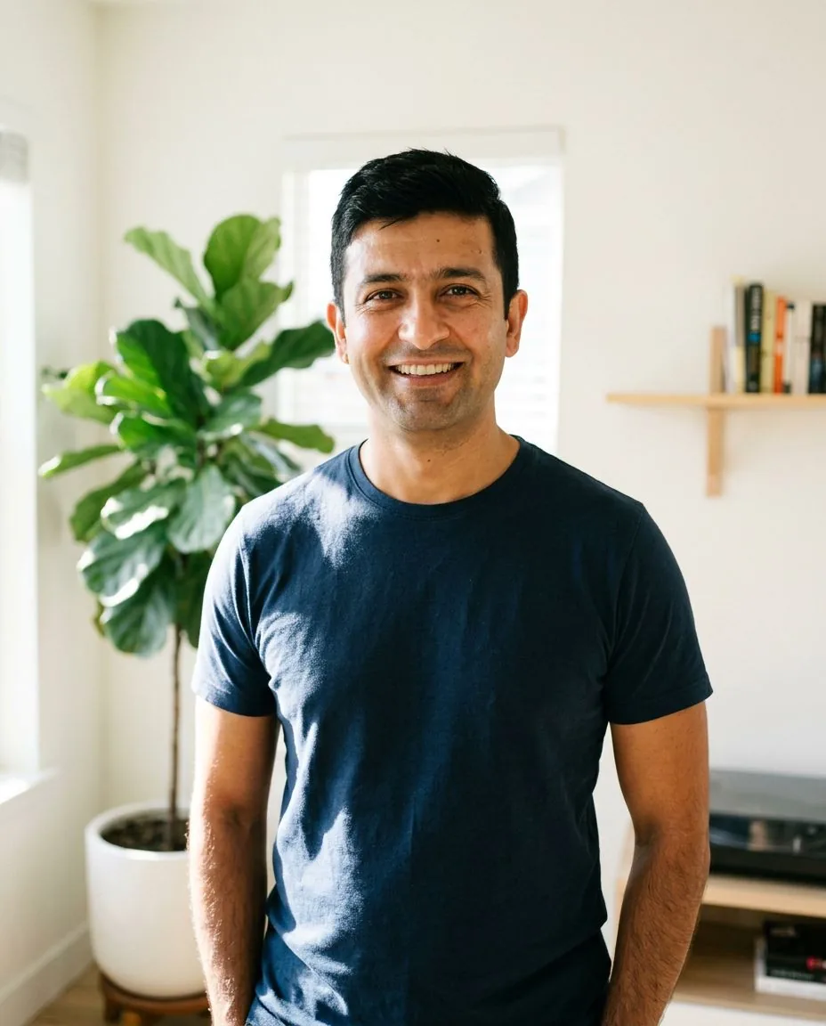Example dating profile opener photo: sharp headshot with direct eye contact, casual indoor setting