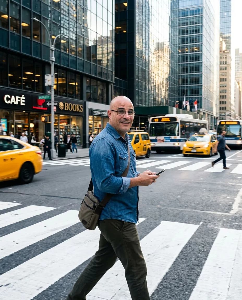 Example full-body dating profile photo in an urban city setting