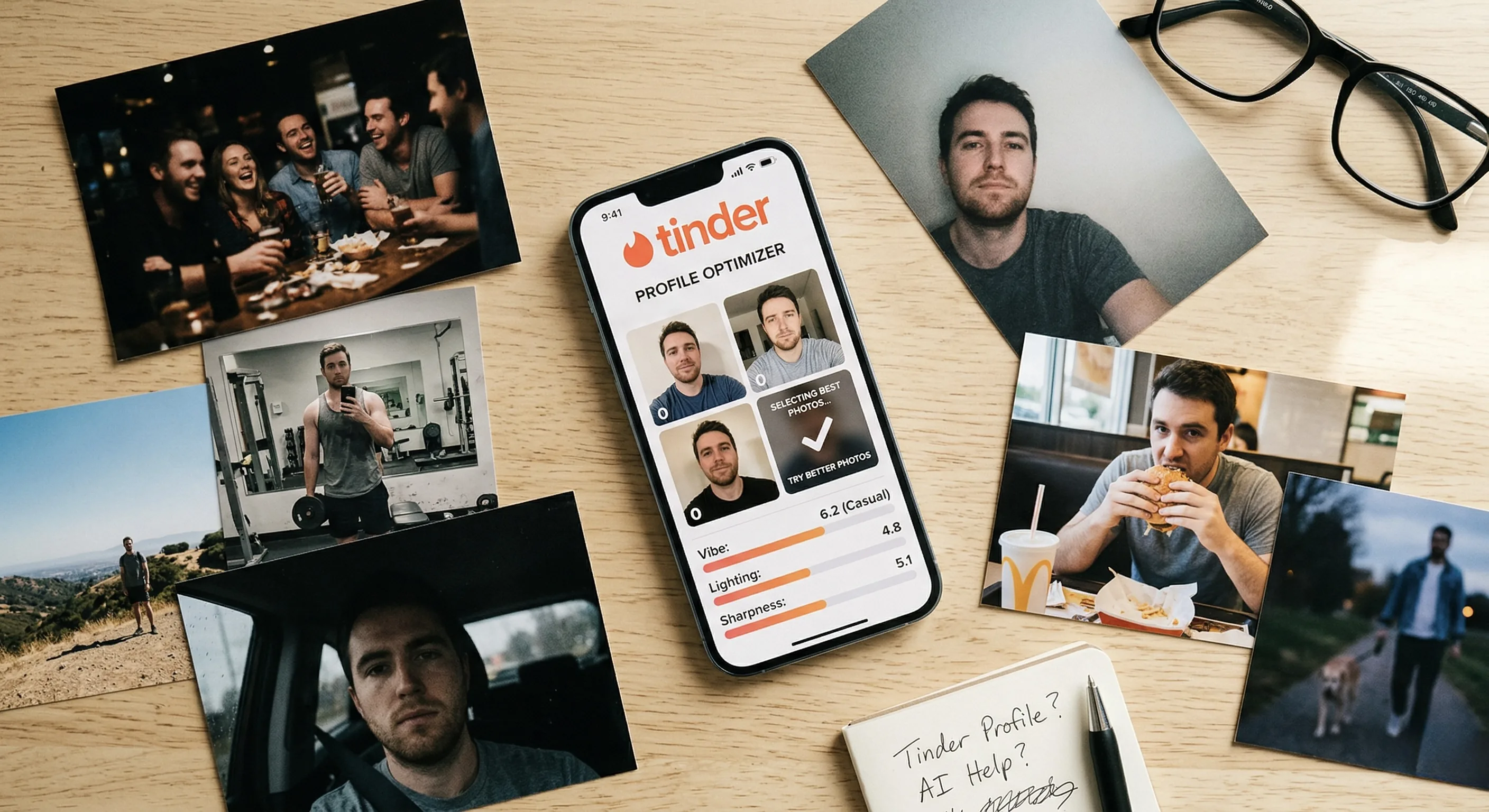 Tinder Photo Insights analyzing a camera roll of casual photos on a smartphone, surrounded by printed photos on a wooden desk
