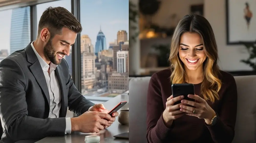 Un uomo e una donna professionisti si connettono tramite un'app di incontri sui loro telefoni.