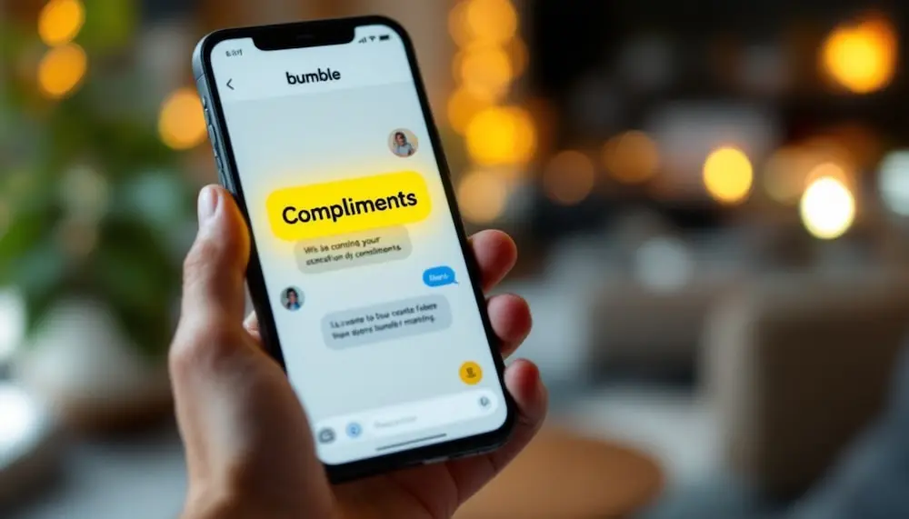 A smartphone showing the Bumble app with the compliments feature highlighted