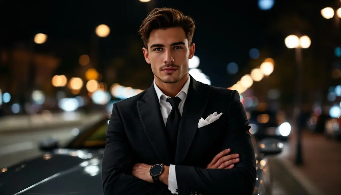 Confident man in a tailored black suit standing with crossed arms on a city street at night.