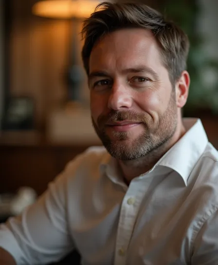 Confident man in a cozy café setting, wearing a white shirt and smiling warmly, ideal for Tinder profile photos