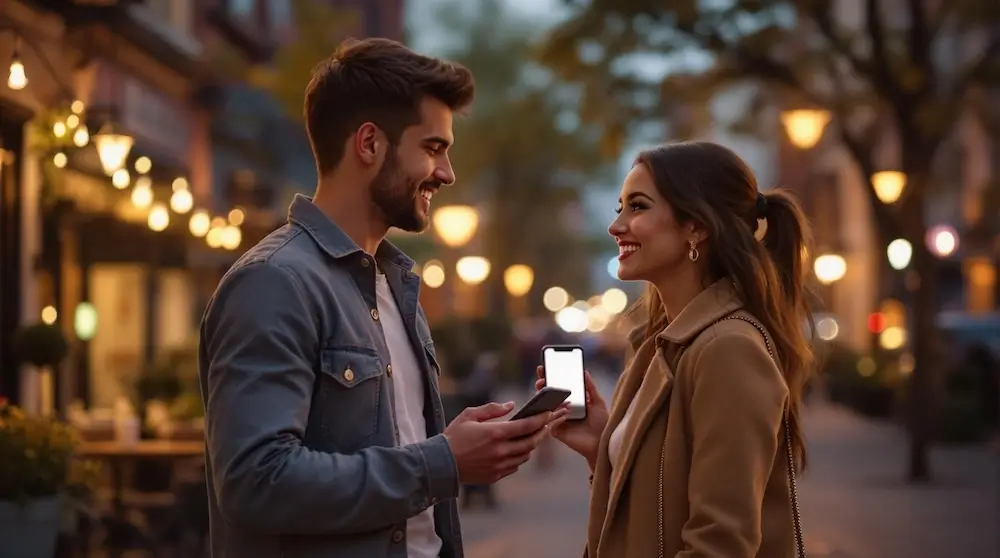 Hymyilevä mies ja nainen seisovat romanttisella kadulla lämpimien iltavalojen loisteessa, molemmat pitävät puhelimiaan, mikä symboloi onnistunutta Bumble-yhteyttä