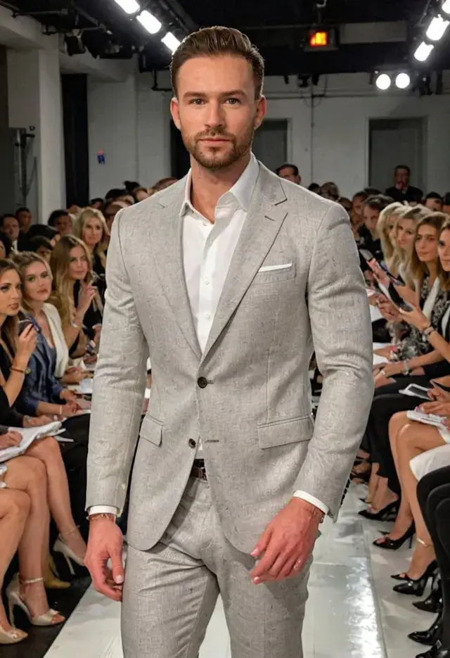 A man walking on a catwalk in stylish clothing