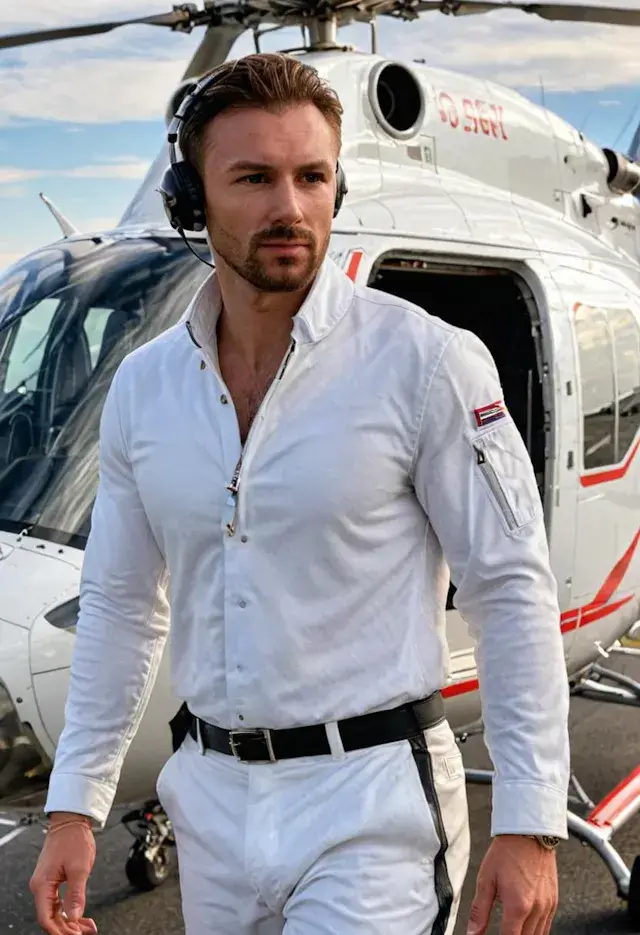 A man in front of a helicopter