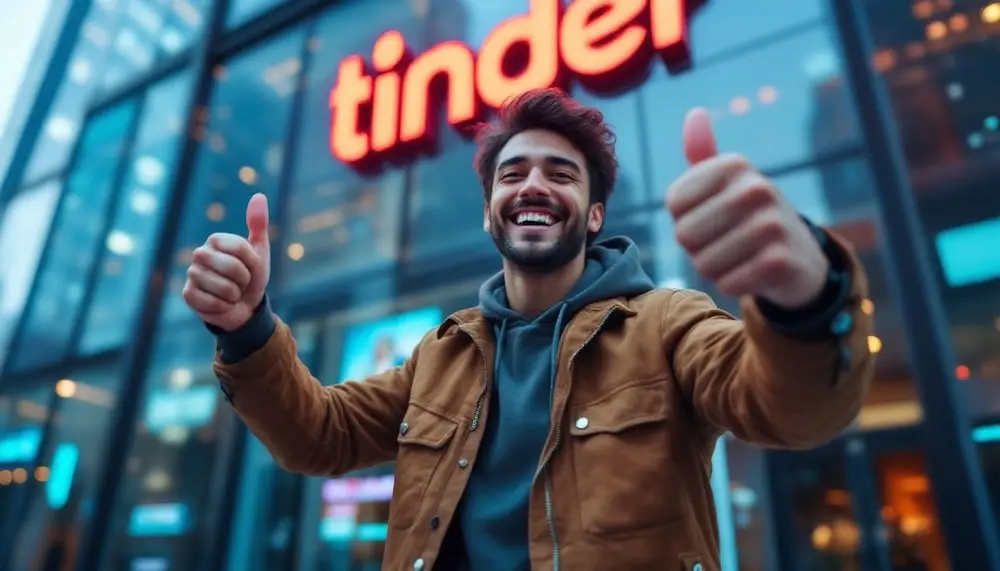 A happy man standing outside a building with the Tinder logo, giving two thumbs up