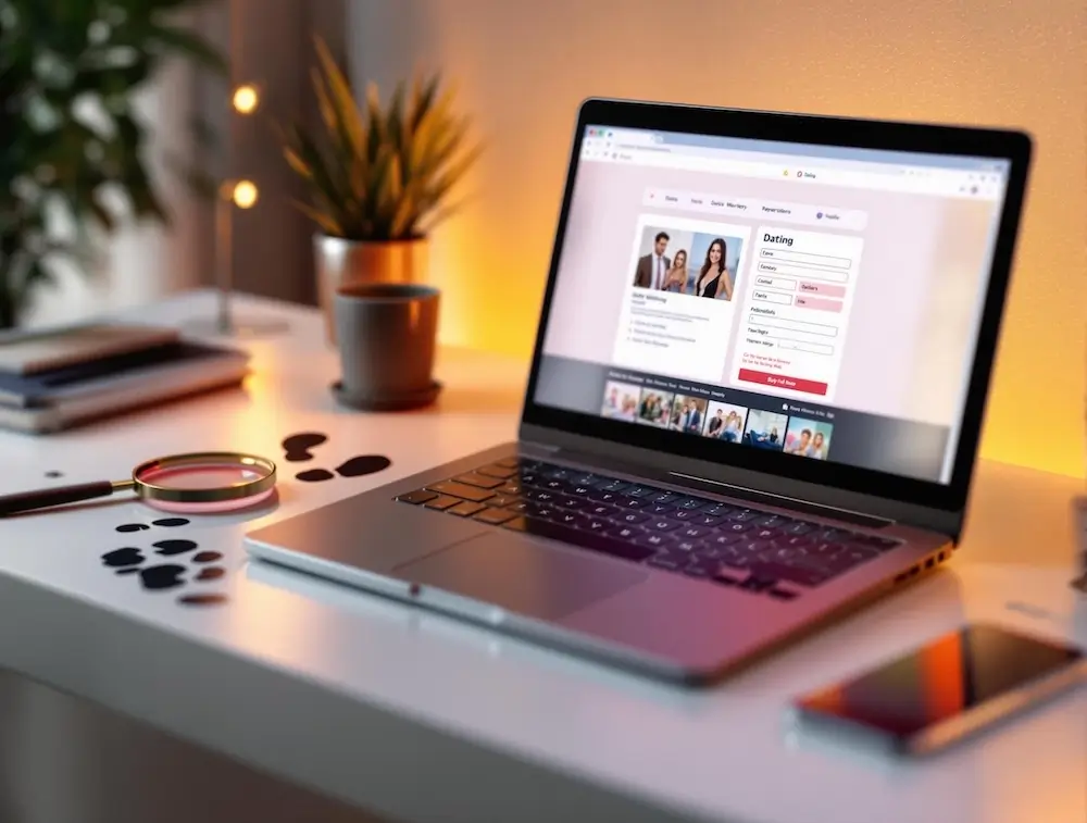 A magnifying glass on a desk next to a laptop displaying a dating website.
