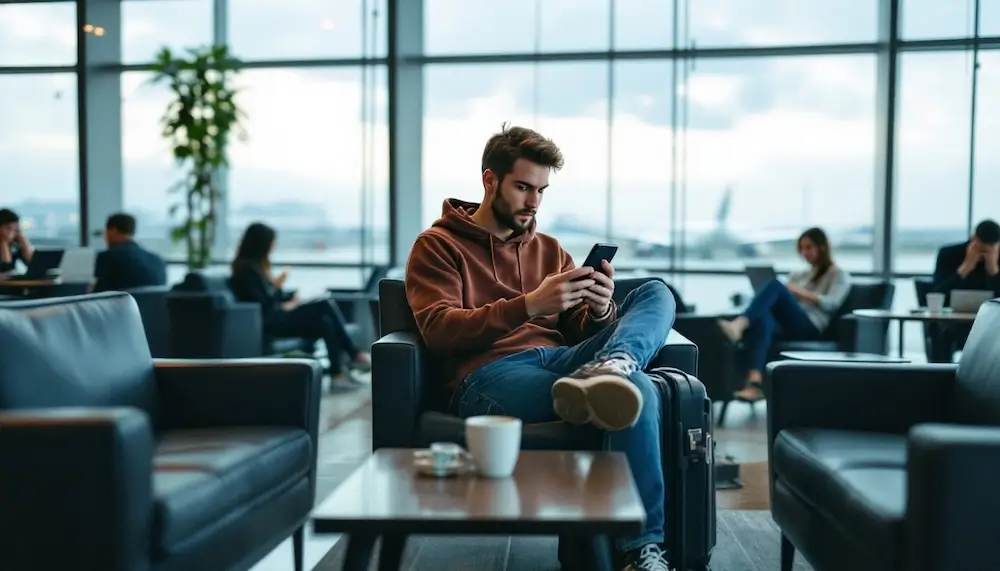 Un homme utilise son smartphone dans un salon d'aéroport