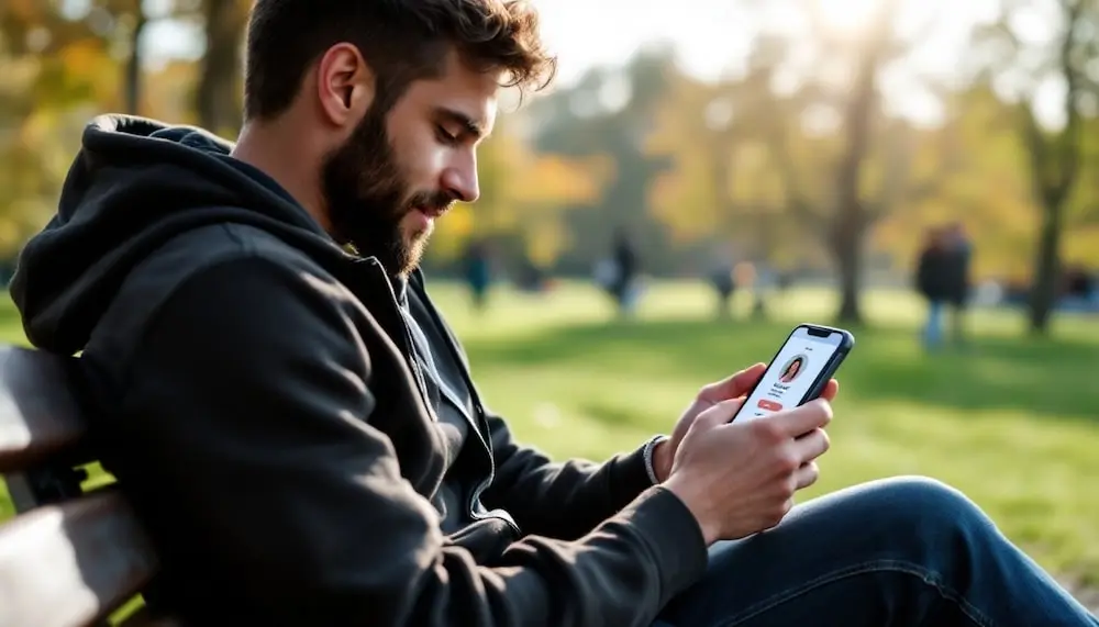 Young man reviewing a dating profile on a smartphone while sitting on a park bench during a sunny autumn day.