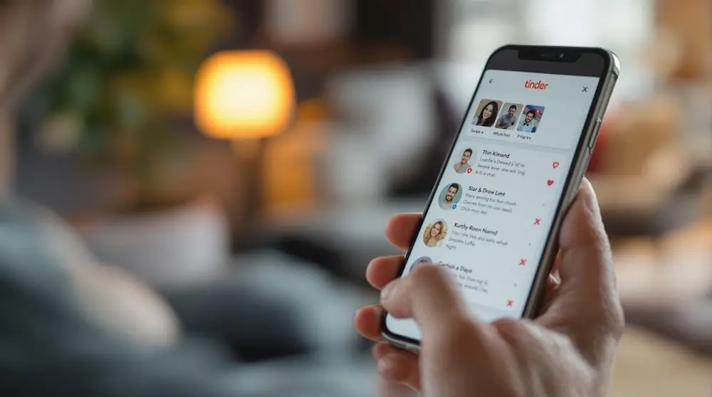 Person swiping on Tinder with multiple matches appearing on screen