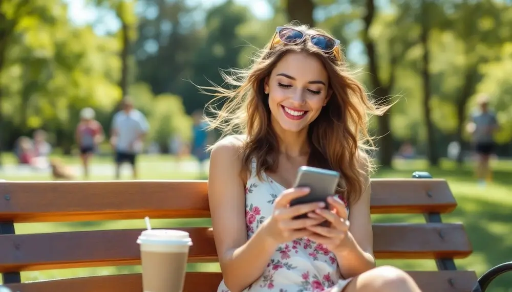 A woman sitting in a park smiling at her phone while using a dating app